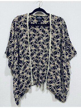 Angie Top Womens Large Black Ditzy Daisy Kimono Open Front Lace Trim Boho Hippie